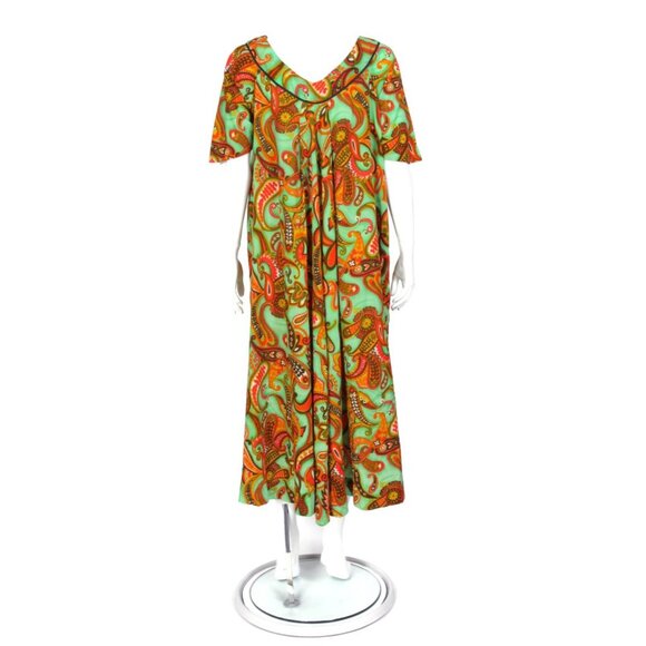 Vtg Made in Hawaii Maxi Dress Floral Psychedelic 60s 70s Bright Green Muumuu 125 - Picture 2 of 5